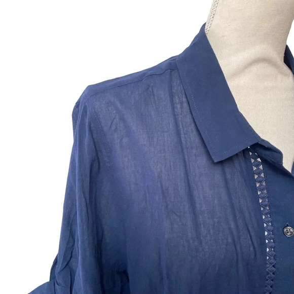 Lands’ End Navy Cotton Tunic Coverup 1X 2X Embroidered Button Front Beach - Picture 3 of 15